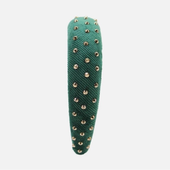 RARE Lele Sadoughi Emerald Green Velvet Corduroy Padded Gold Studs Headband NWOT - Picture 3 of 6